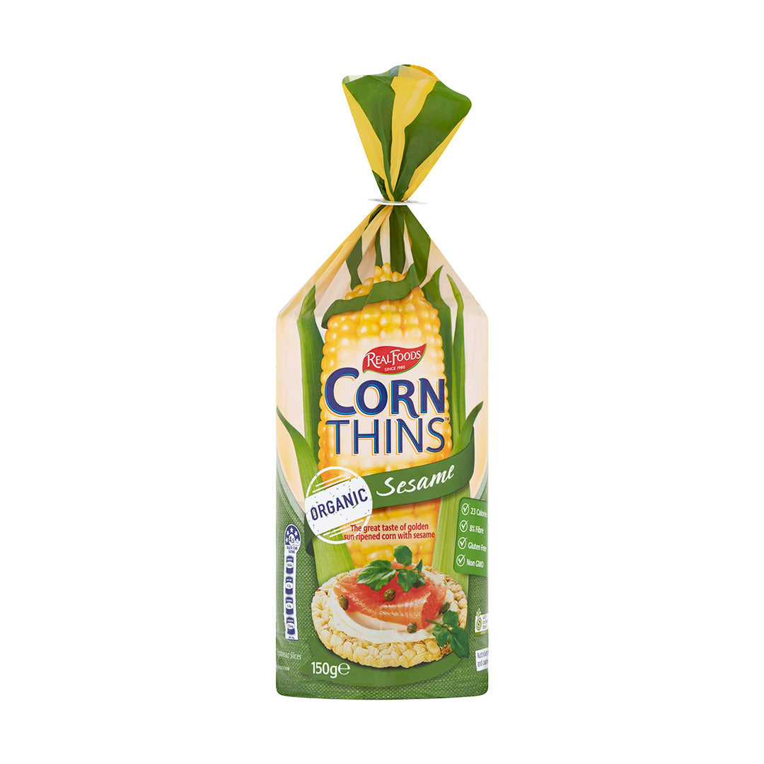Real Foods Corn Thins Organic Sesame 150g