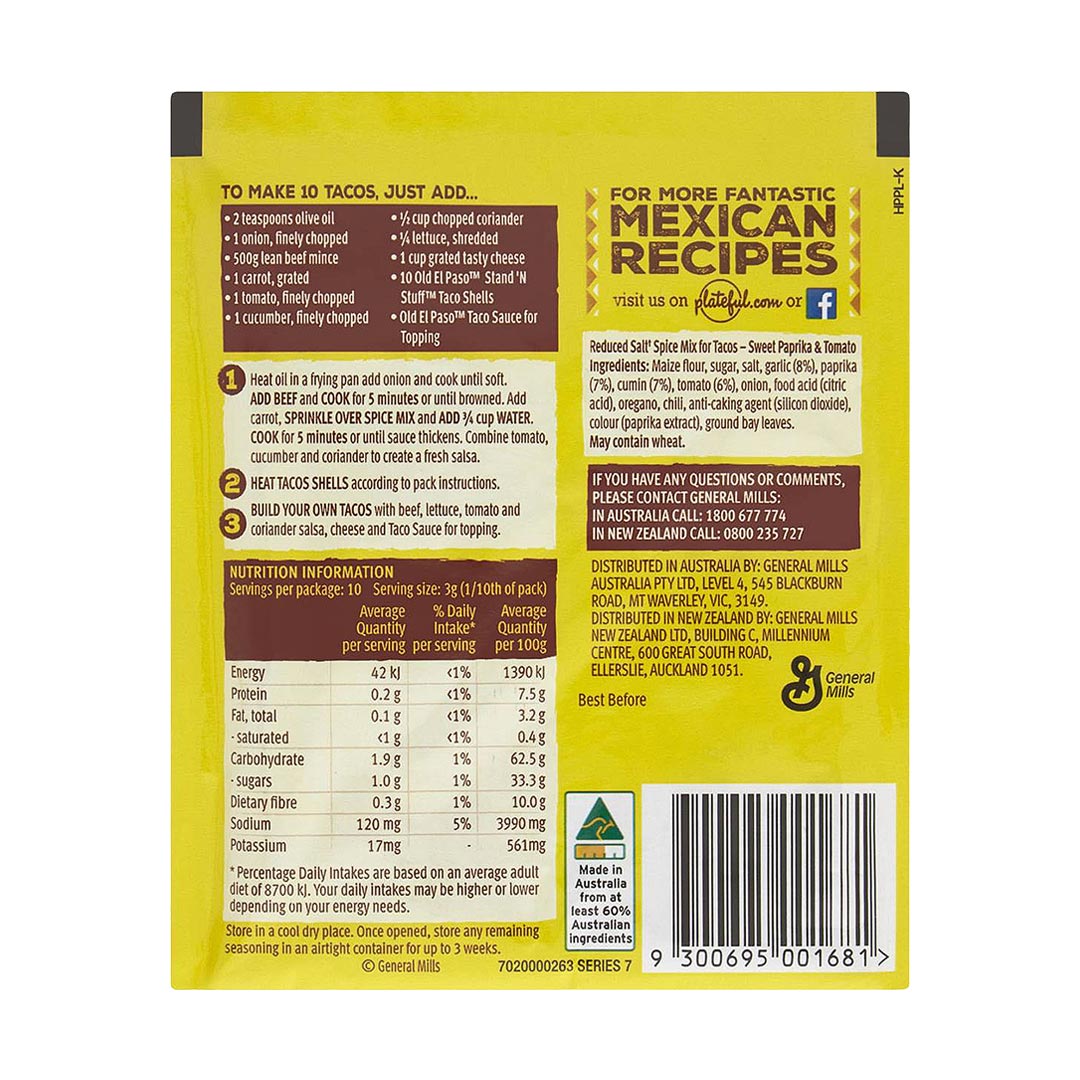 Old El Paso Spice Mix For Tacos Reduced Salt 30g