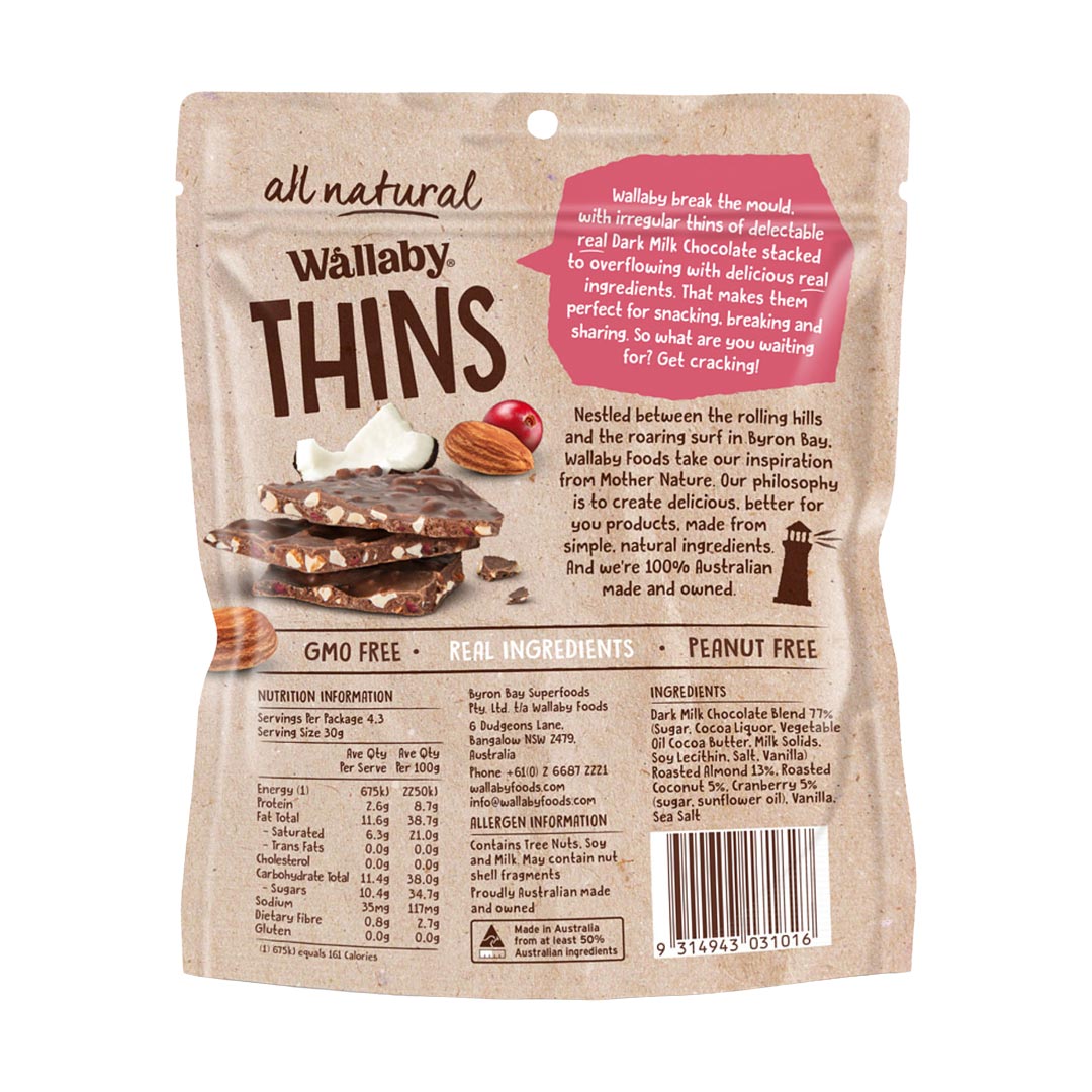 Wallaby Thins Dark Chocolate with Roasted Almonds, Coconut & Cranberries 130g