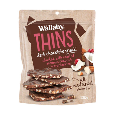 Wallaby Thins Dark Chocolate with Roasted Almonds, Coconut & Cranberries 130g