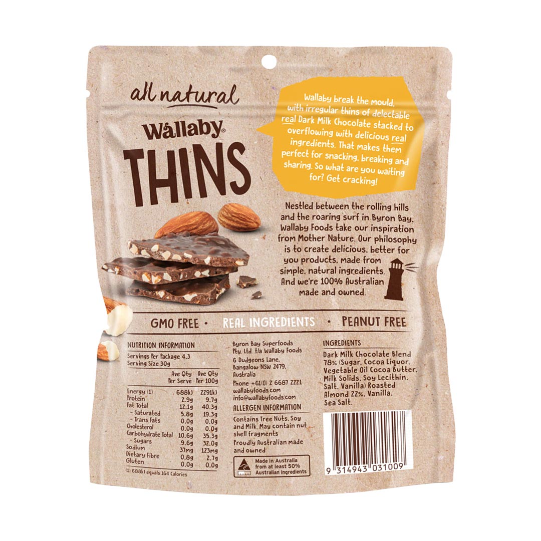 Wallaby Thins Dark Chocolate with Roasted Almonds 130g